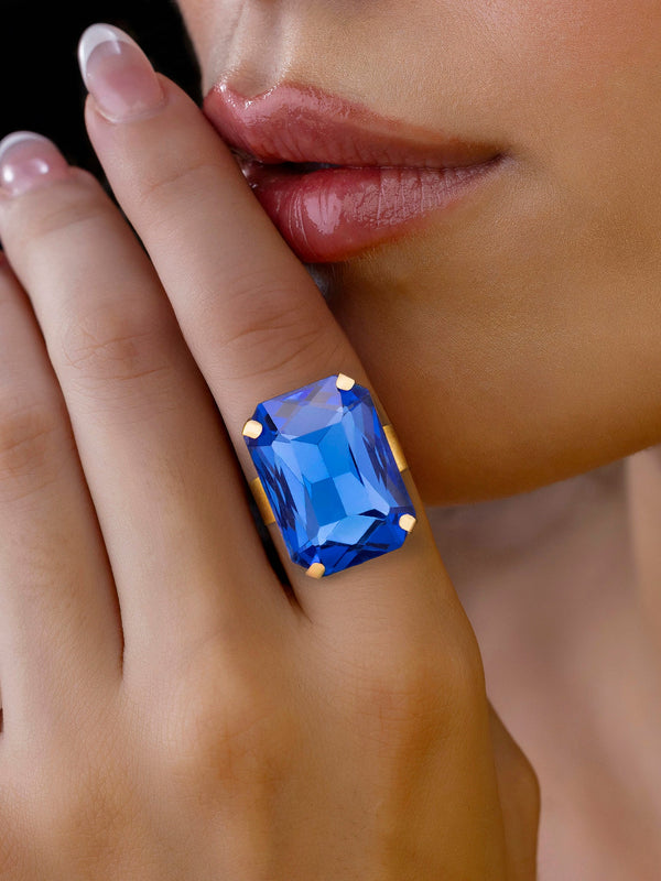 zewellsharbour Ring Anti-Tarnish Rectangle Shape Blue Sapphire Crystal (Adjustable Size)