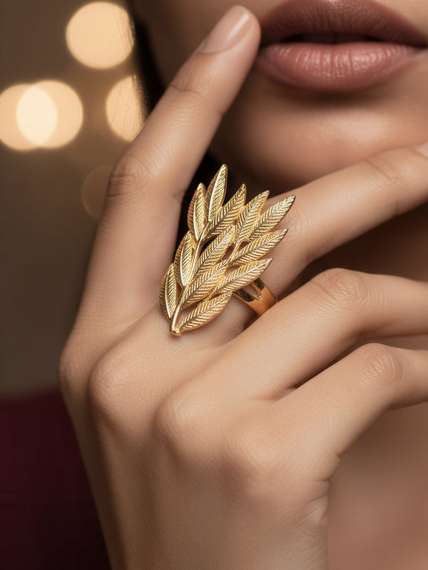zewellsharbour Ring Anti-Tarnish Golden Leaves Cocktail (Adjustable Size)