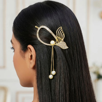 Zewellsharbour Hair Claw Clip Anti-Tarnish Fish Tail Rhinestone With Faux Pearl