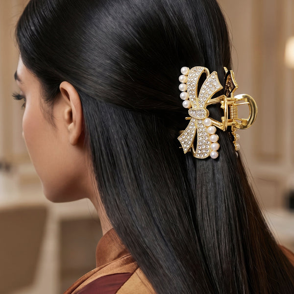 Zewellsharbour Hair Claw Clip Anti-Tarnish Bow Rhinestone And Pearl
