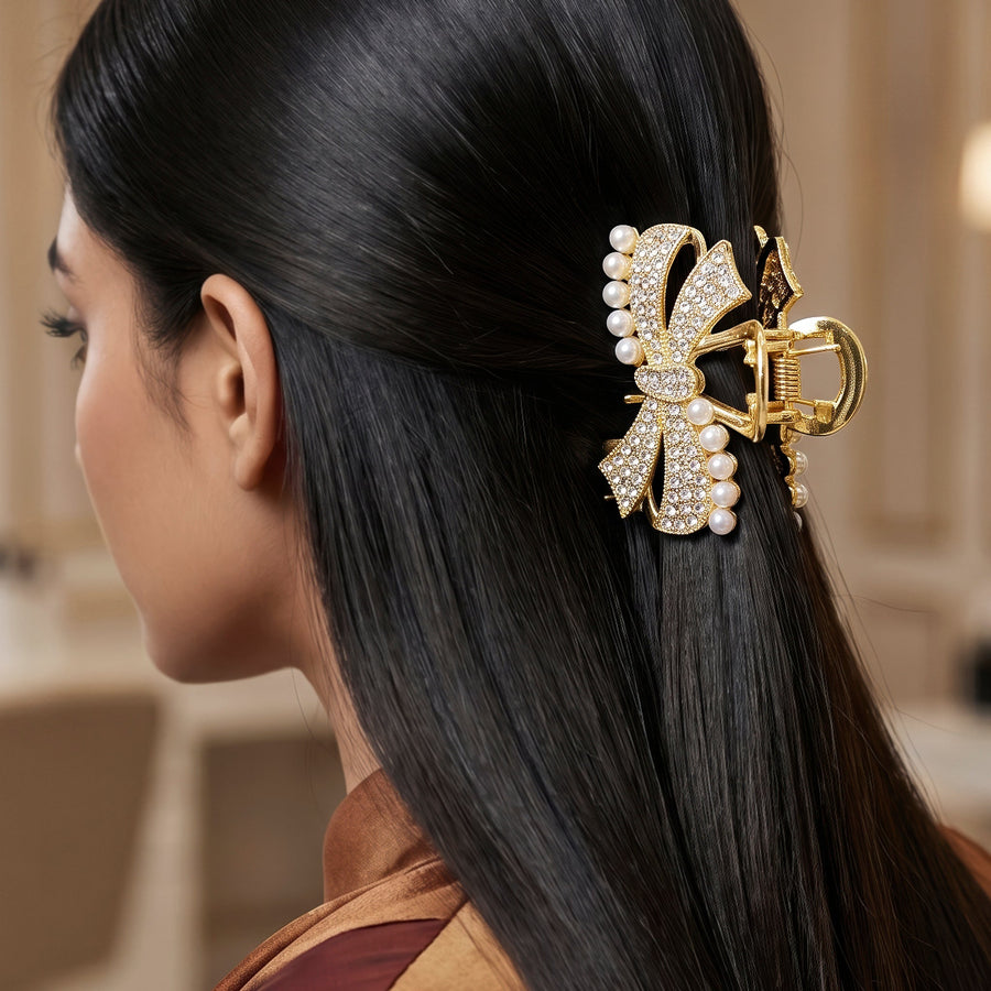 Zewellsharbour Hair Claw Clip Anti-Tarnish Bow Rhinestone And Pearl