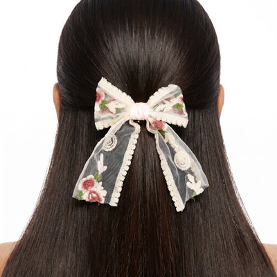 Zewellsharbour Hair Clip Anti-Tarnish Cream Lace Bow With Floral Embroidery