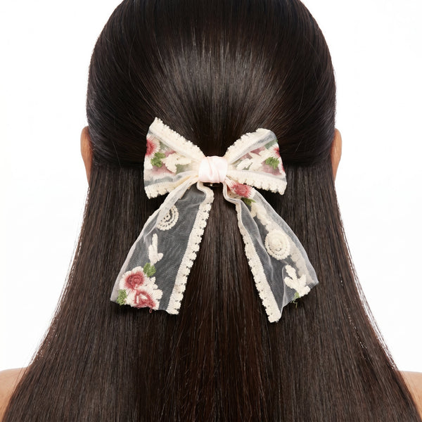 Zewellsharbour Hair Clip Anti-Tarnish Cream Lace Bow With Floral Embroidery
