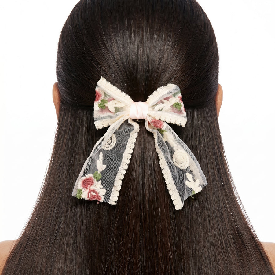 Zewellsharbour Hair Clip Anti-Tarnish Cream Lace Bow With Floral Embroidery