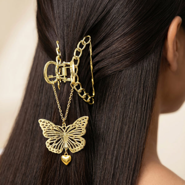 Zewellsharbour Hair Claw Clip Anti-Tarnish Butterfly Chain-Link With Heart Pendant