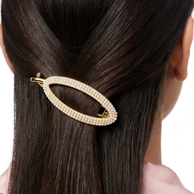 Zewellsharbour Hair Claw Clip Anti-Tarnish Oval Barrette Adorned With White Faux Pearls