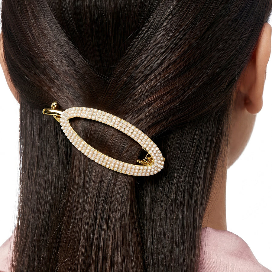 Zewellsharbour Hair Claw Clip Anti-Tarnish Oval Barrette Adorned With White Faux Pearls