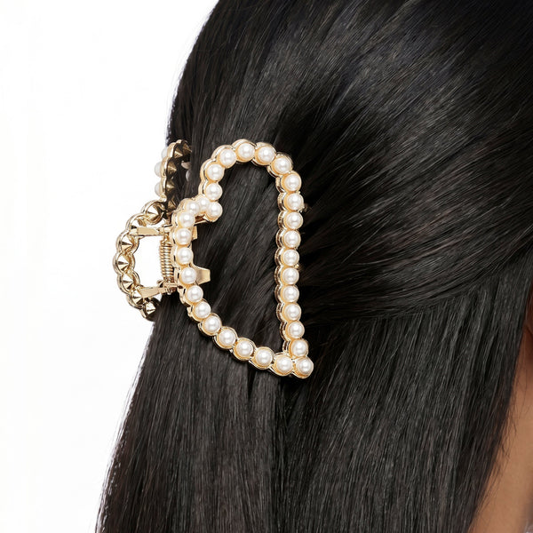 Zewellsharbour Hair Claw Clip Anti-Tarnish Heart Shaped Pearl Border
