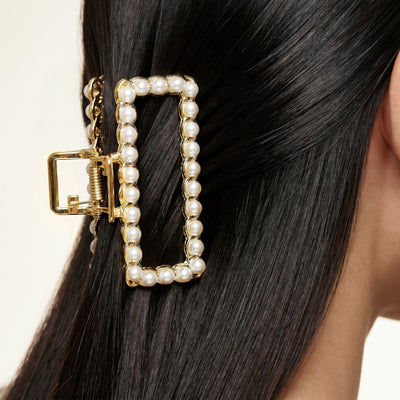 Zewellsharbour Hair Claw Clip Anti-Tarnish Rectangular Pearl Border