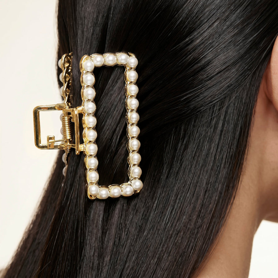 Zewellsharbour Hair Claw Clip Anti-Tarnish Rectangular Pearl Border