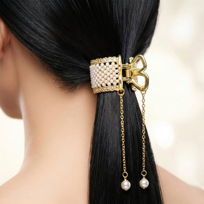 Zewellsharbour Hair Claw Clip Anti-Tarnish Pearl Encrusted With Tassel Drop