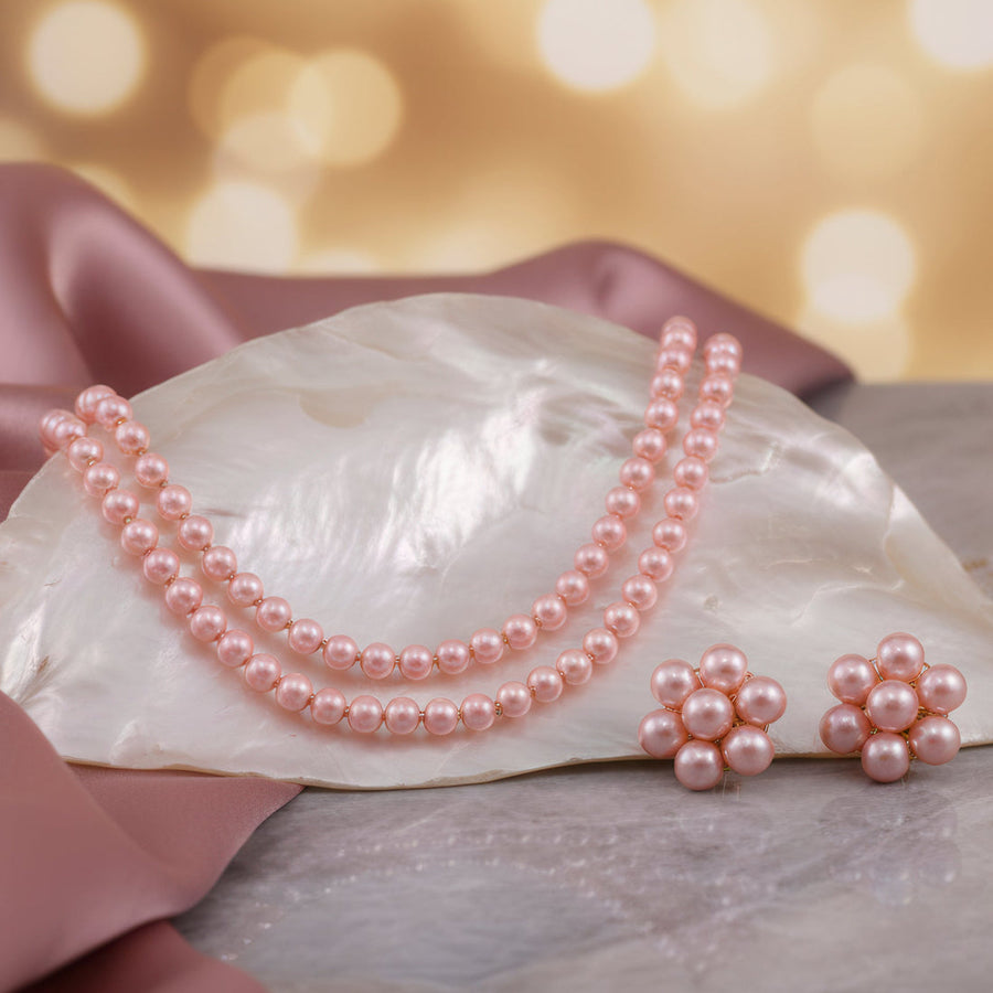zewellsharbour Necklace Multilayer Rose Pink Double Layer Pearl Set With Earrings