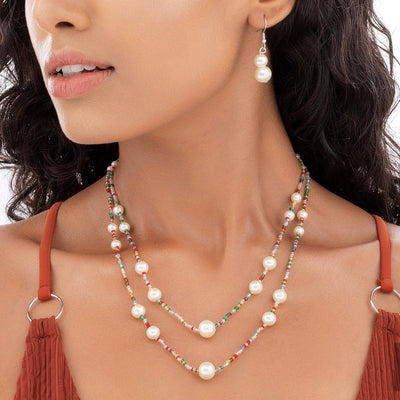 zewellsharbour Necklace Exquisite Double Layer Bead & Pearl Set With Earrings