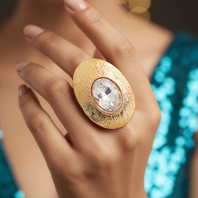 zewellsharbour Ring Anti-Tarnish Textured Oval Statement with Crystal (Adjustable Size)