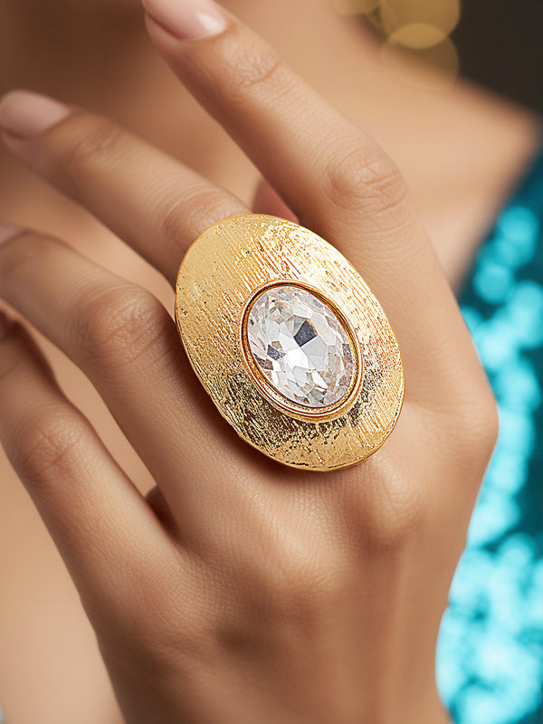 zewellsharbour Ring Anti-Tarnish Textured Oval Statement with Crystal (Adjustable Size)