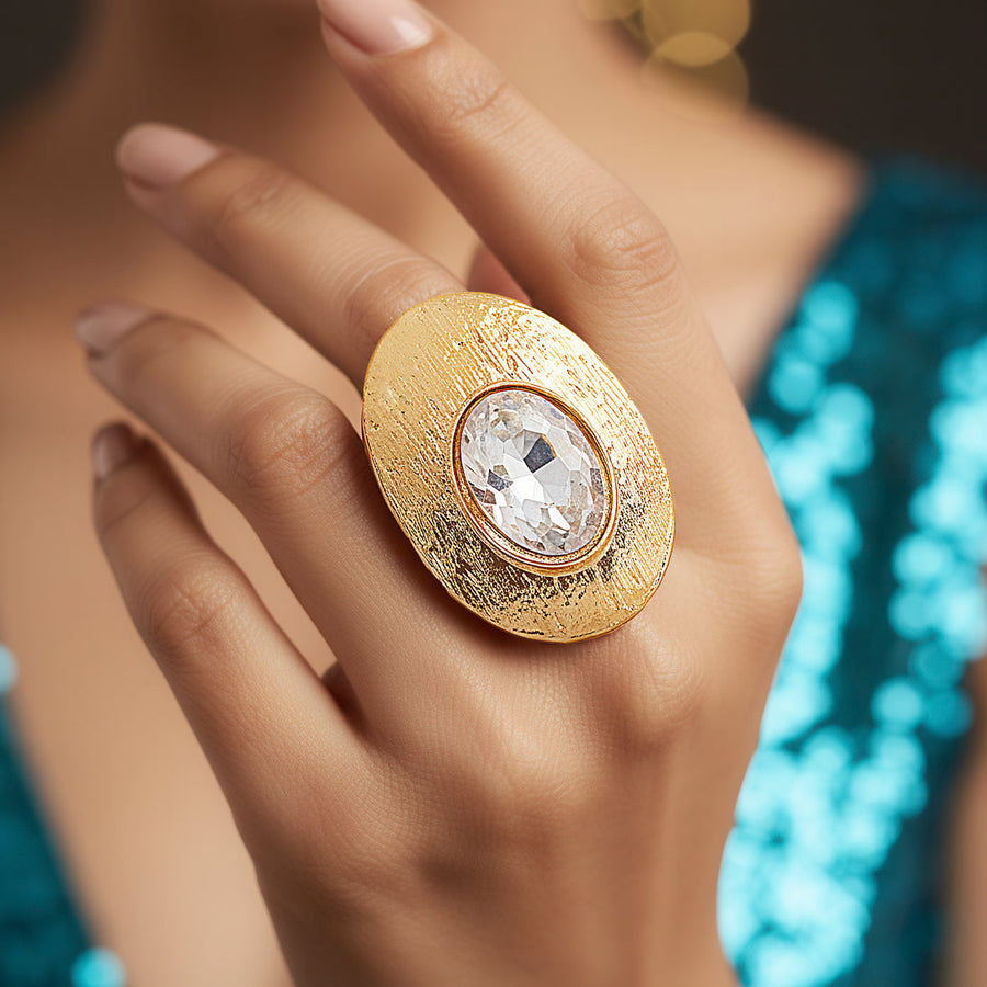 zewellsharbour Ring Anti-Tarnish Textured Oval Statement with Crystal (Adjustable Size)