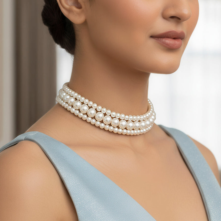 zewellsharbour Necklace Triple Layer White Pearl Choker