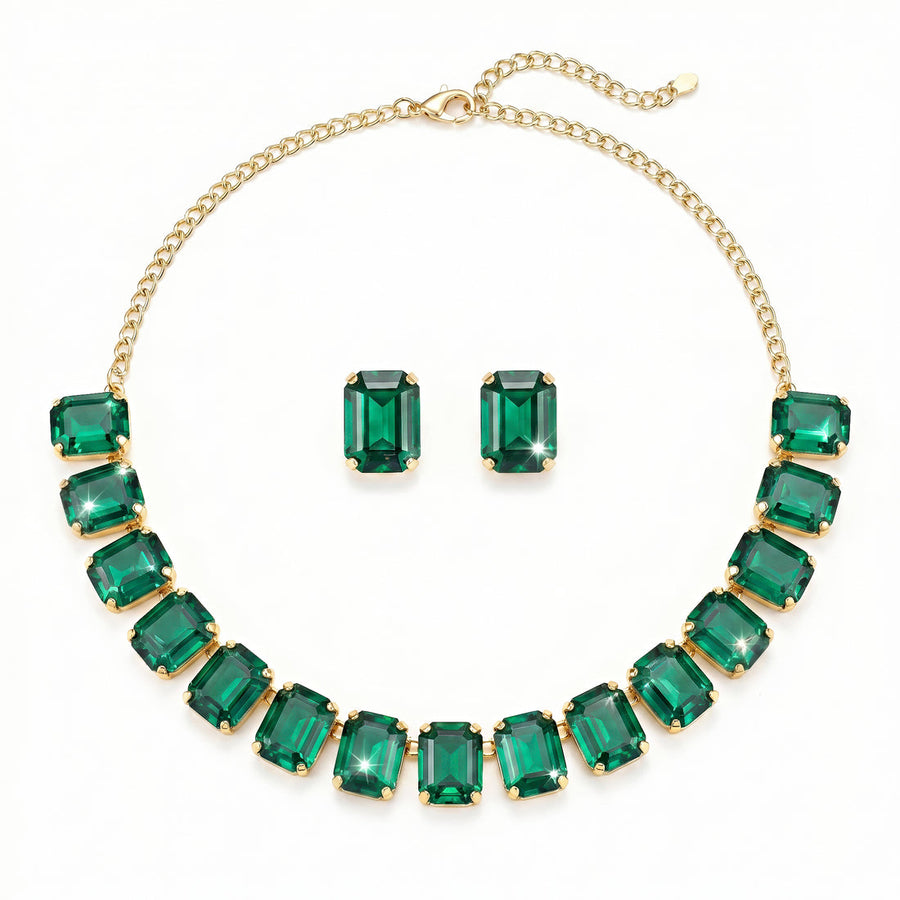 zewellsharbour Necklace Anti-Tarnish Single-Line Emerald Set With Earrings
