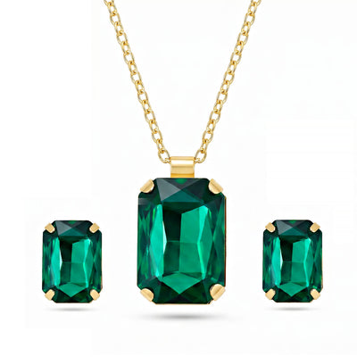 zewellsharbour Necklace Anti-Tarnish Emerald Pendant Set With Earrings