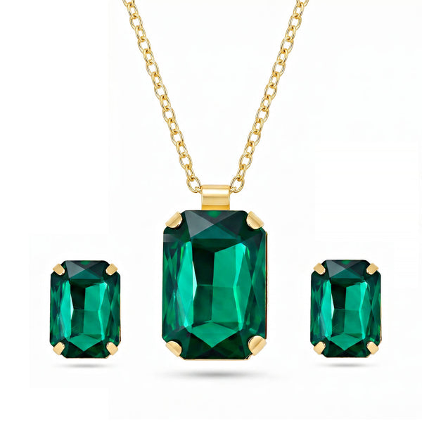 zewellsharbour Necklace Anti-Tarnish Emerald Pendant Set With Earrings
