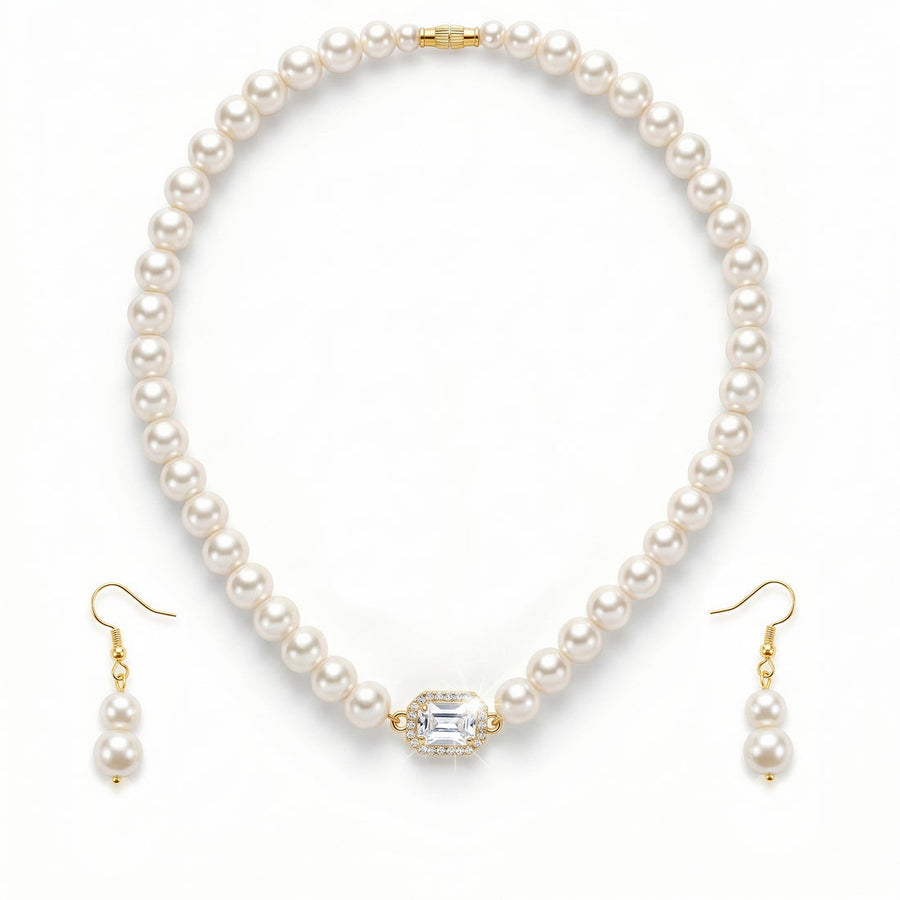 zewellsharbour Necklace Anti-Tarnish Crystal Pearl Set With Earrings