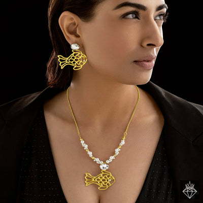 zewellsharbour Necklace Anti-Tarnish Golden Fish Set With Earrings