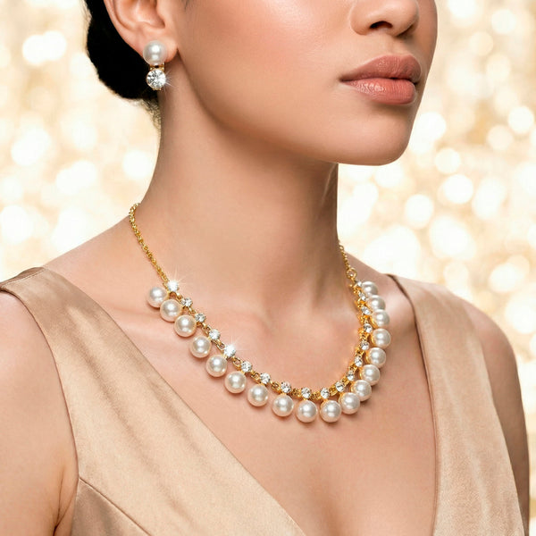 zewellsharbour Necklace Anti-Tarnish Pearl & Crystal Studded Statement Set with Earrings