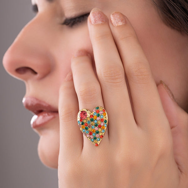 zewellsharbour Ring Anti-Tarnish Multi-Color Crystal Studded Heart-Shaped (Adjustable Size)