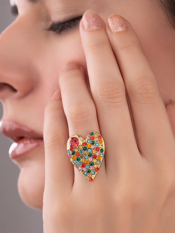 zewellsharbour Ring Anti-Tarnish Multi-Color Crystal Studded Heart-Shaped (Adjustable Size)