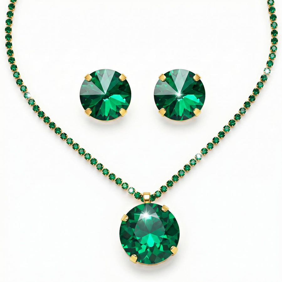 zewellsharbour Necklace Set Anti-Tarnish Emerald Crystal Set With Earrings
