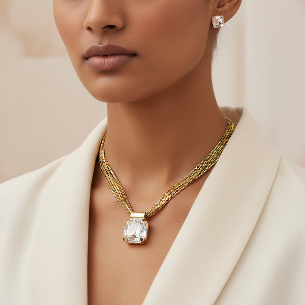 zewellsharbour Necklace Anti-Tarnish Crystal Pendant Set with Earrings