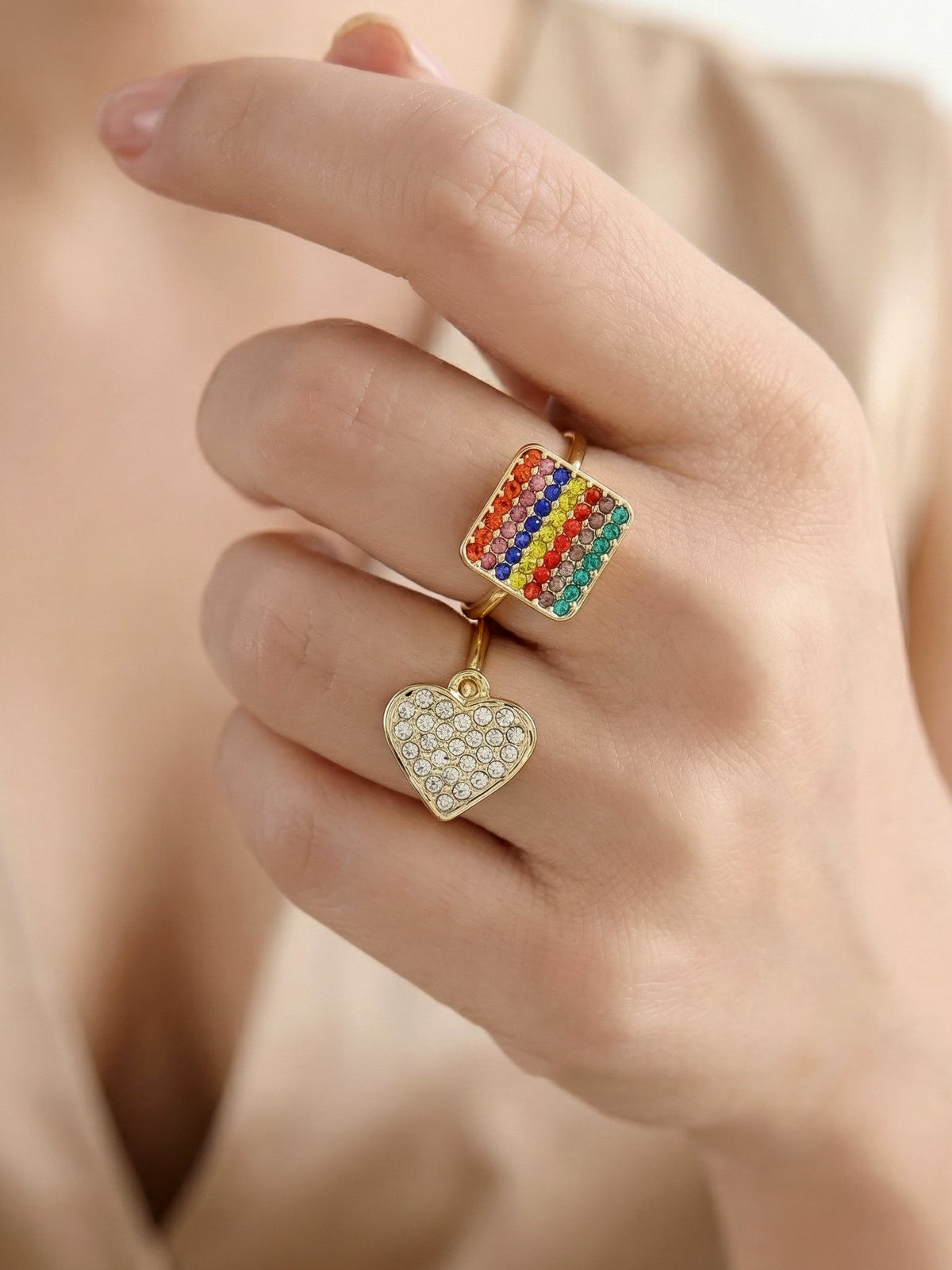 zewellsharbour 2 Rings Anti-Tarnish Crystal Heart Charm (Adjustable Size)