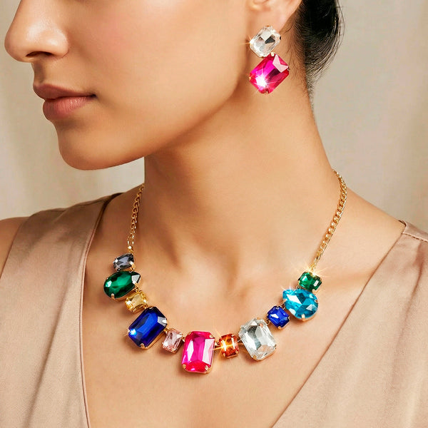 zewellsharbour Necklace Anti-Tarnish Multicolor And Shapes Crystal Set With Earrings