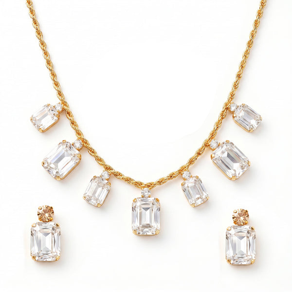 zewellsharbour Necklace Anti-Tarnish Rectangle Crystals Statement Set With Earrings