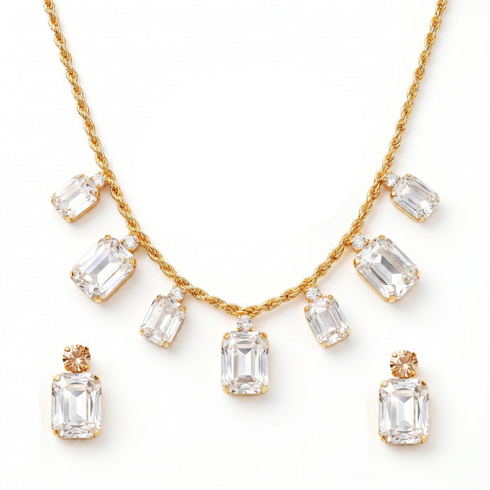 zewellsharbour Necklace Anti-Tarnish Rectangle Crystals Statement Set With Earrings