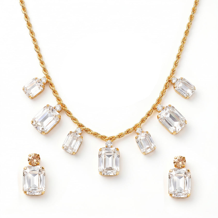 zewellsharbour Necklace Anti-Tarnish Rectangle Crystals Statement Set With Earrings