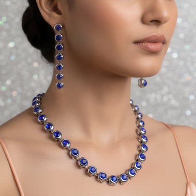 zewellsharbour Necklace Anti-Tarnish Blue Crystals Set With Earrings