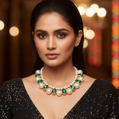 zewellsharbour Necklace Pearl & Emerald Crystal Statement