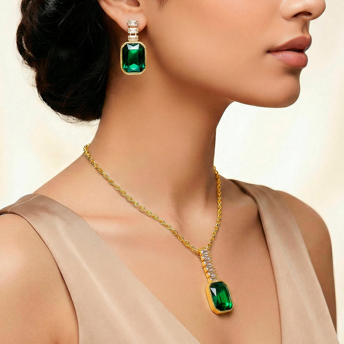 zewellsharbour Necklace Anti-Tarnish Emerald Crystal Pendant Set With Earrings