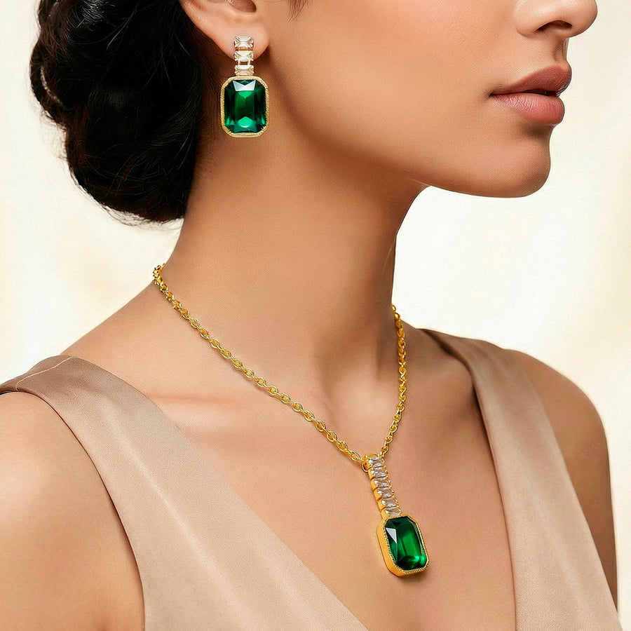 zewellsharbour Necklace Anti-Tarnish Emerald Crystal Pendant Set With Earrings