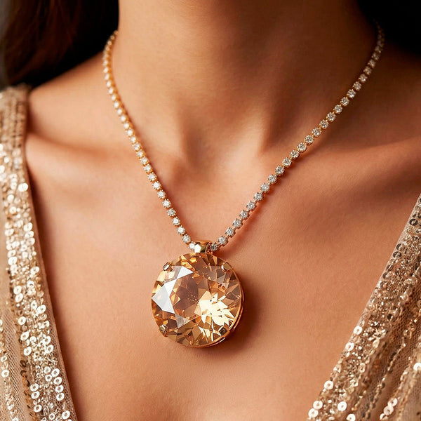 zewellsharbour Necklace Anti-Tarnish Champagne Crystal Pendant Set with Earrings