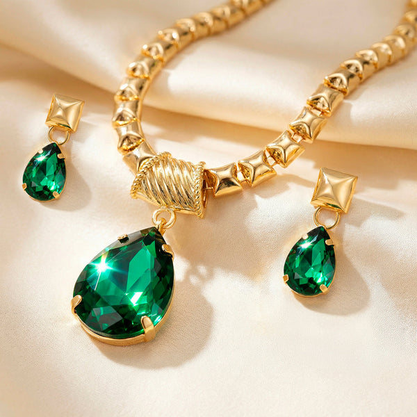 zewellsharbour Necklace Anti-Tarnish Emerald Crystal Set With Earrings