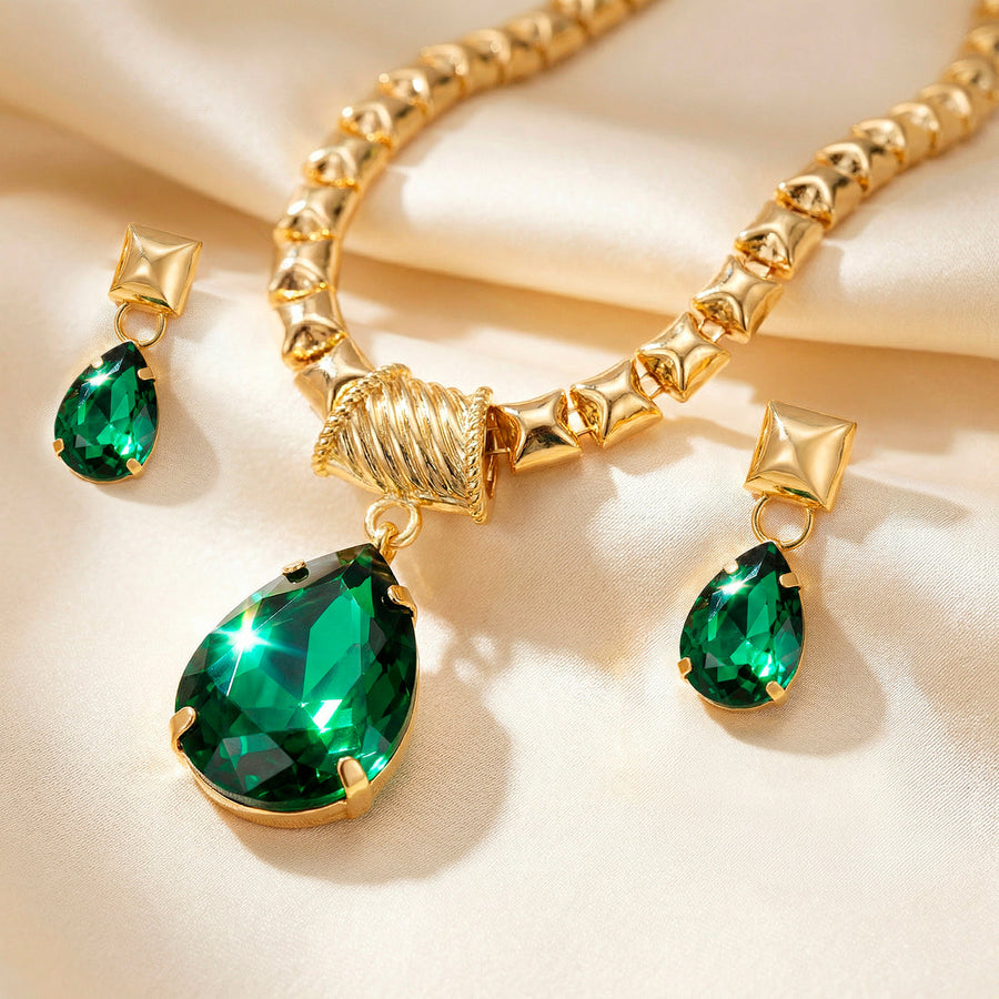 zewellsharbour Necklace Anti-Tarnish Emerald Crystal Set With Earrings