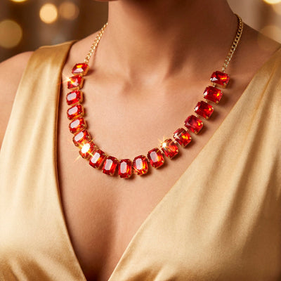 zewellsharbour Necklace Anti-Tarnish Red Crystal Set with Earrings