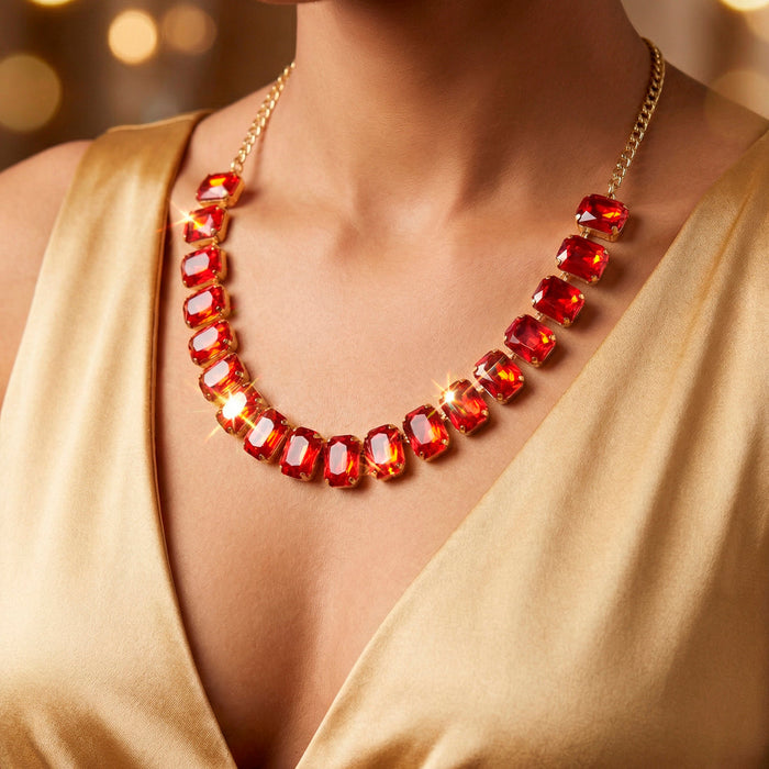 zewellsharbour Necklace Anti-Tarnish Red Crystal Set with Earrings