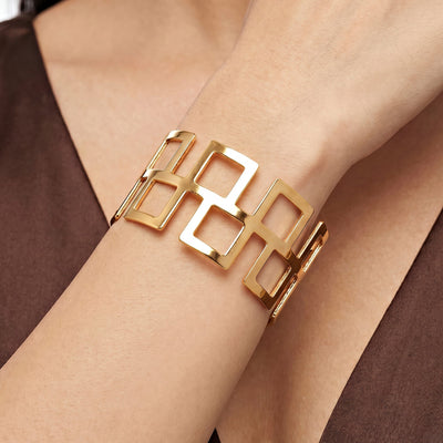 zewellsharbour Bracelet Anti-Tarnish Broad Bangle With Open-Work Squares (Adjustable Size)