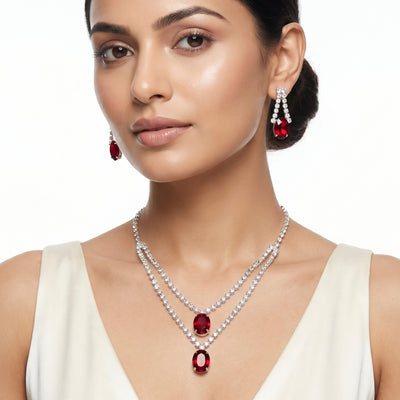 zewellsharbour Necklace Anti-Tarnish Double Layer Crystal Pendant Set With Earrings