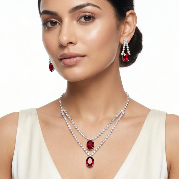 zewellsharbour Necklace Anti-Tarnish Double Layer Crystal Pendant Set With Earrings