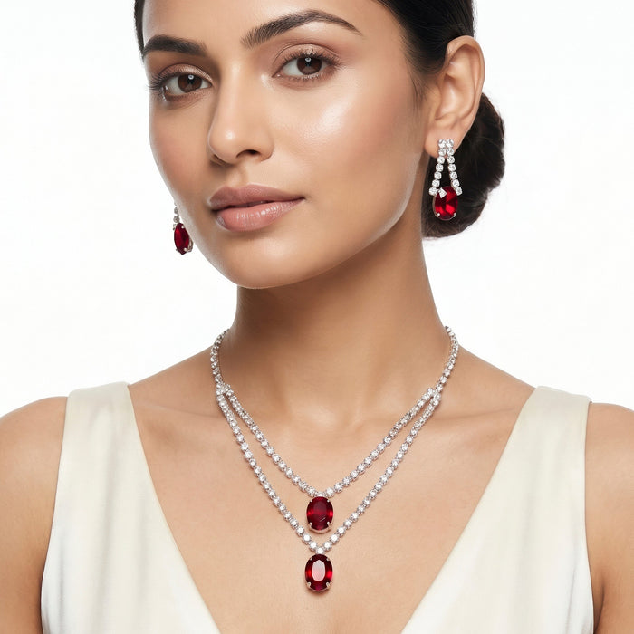 zewellsharbour Necklace Anti-Tarnish Double Layer Crystal Pendant Set With Earrings