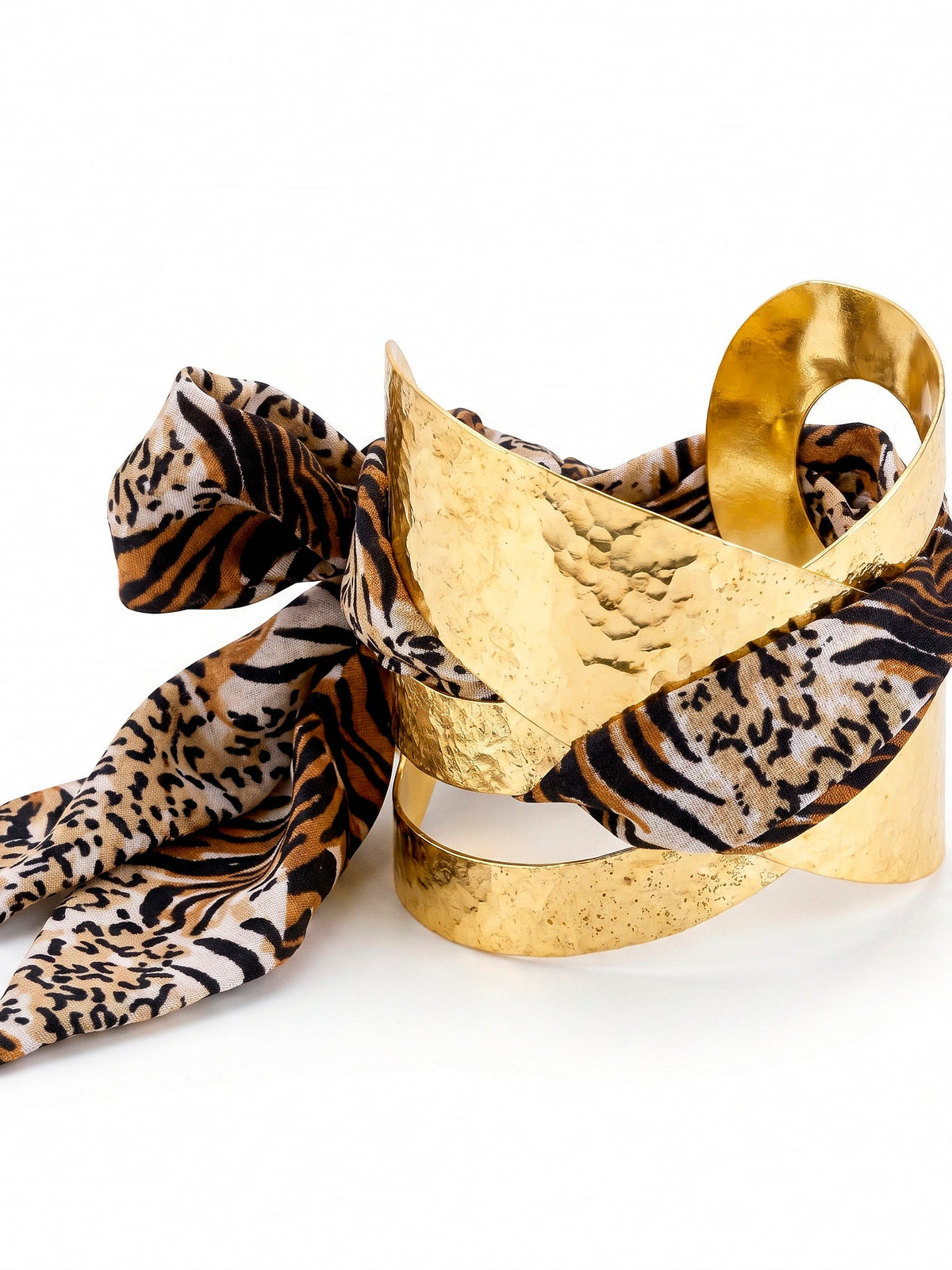 zewellsharbour Bracelet Anti-Tarnish Hammered Golden Cuff With Tiger Print Silk Bow (Adjustable Size)